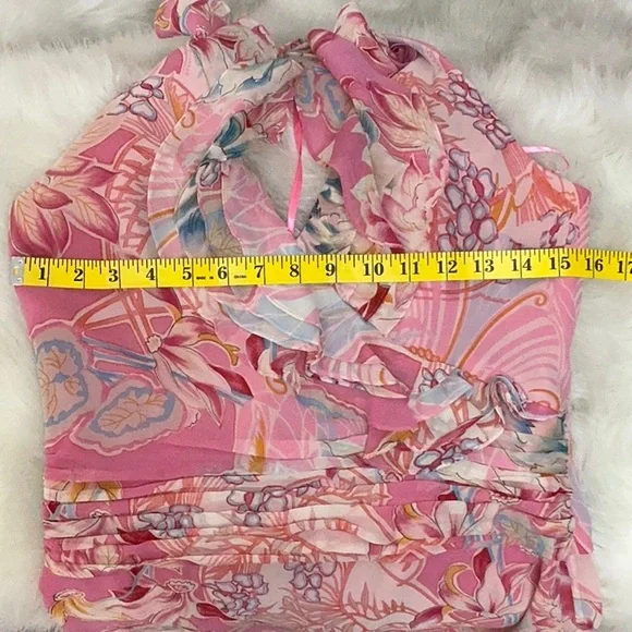 Kay Unger 100% Silk vintage midi maxi dress pink lined halter ruffles XS S - Picture 15 of 16